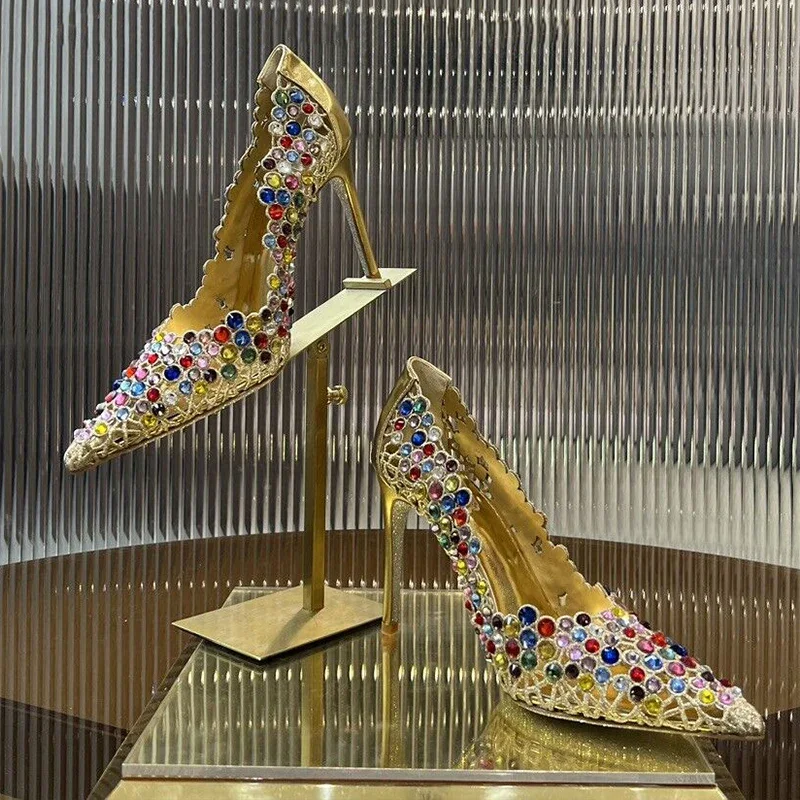 Pumps Bling Rhinestone Pointed Toe Thin High Heels Women Hallow Outs Crystal Single Shoes Summer Sexy Party Banquet Stiletto