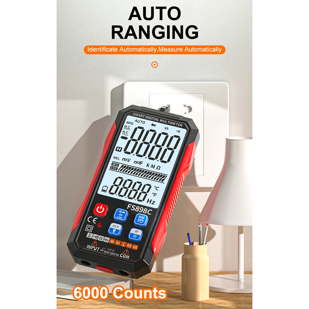 

FS898C auto ranging digital multimeter with 6000 counts true RMS large screen for use with electrical circuits and DIY projects