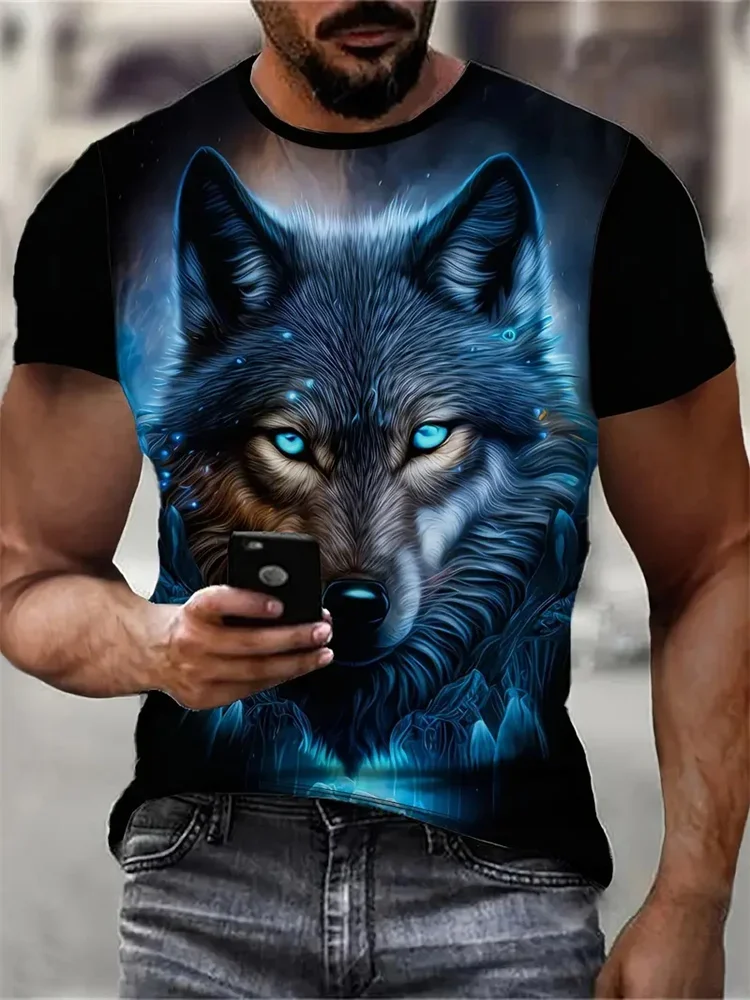 Modisches Street-Style Herren-T-Shirt mit Rundhalsausschnitt, Fierce Wolf Grafik-T-Shirts für Männer, 3D-Druck, Atmungsaktive Oberteile, Sommer Casual Tees
