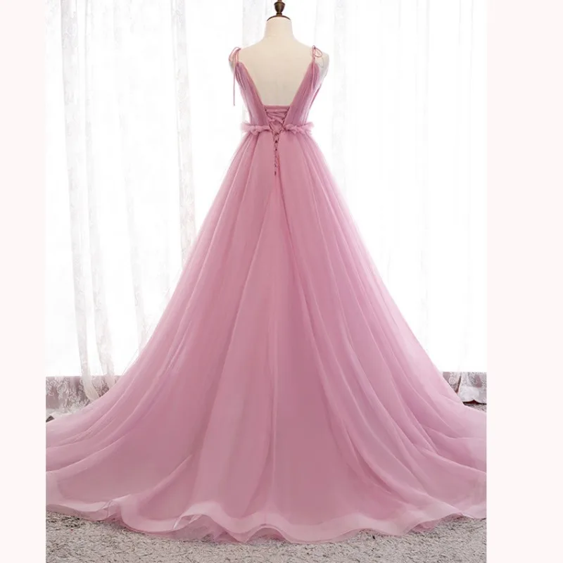 

2026 New Women's Pink Mesh Tailed Evening Dress Fashionable and Slim, Suitable for Daily Use, Birthday Party, Banquet Dress