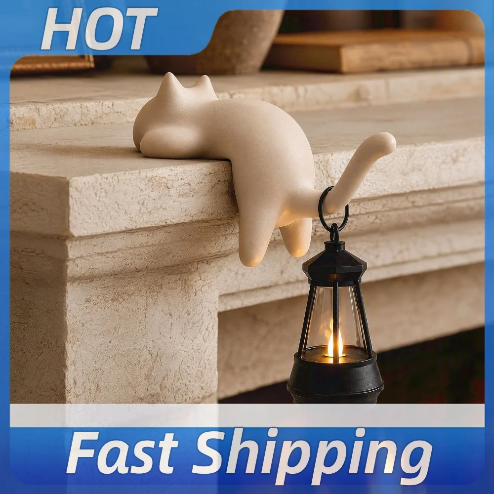 3D Printed Cat Shaped Lantern Lamp Shelf Sitter Figurine Bookshelf Hanger Decor Warm Light Ornament Gift for Cat Lovers