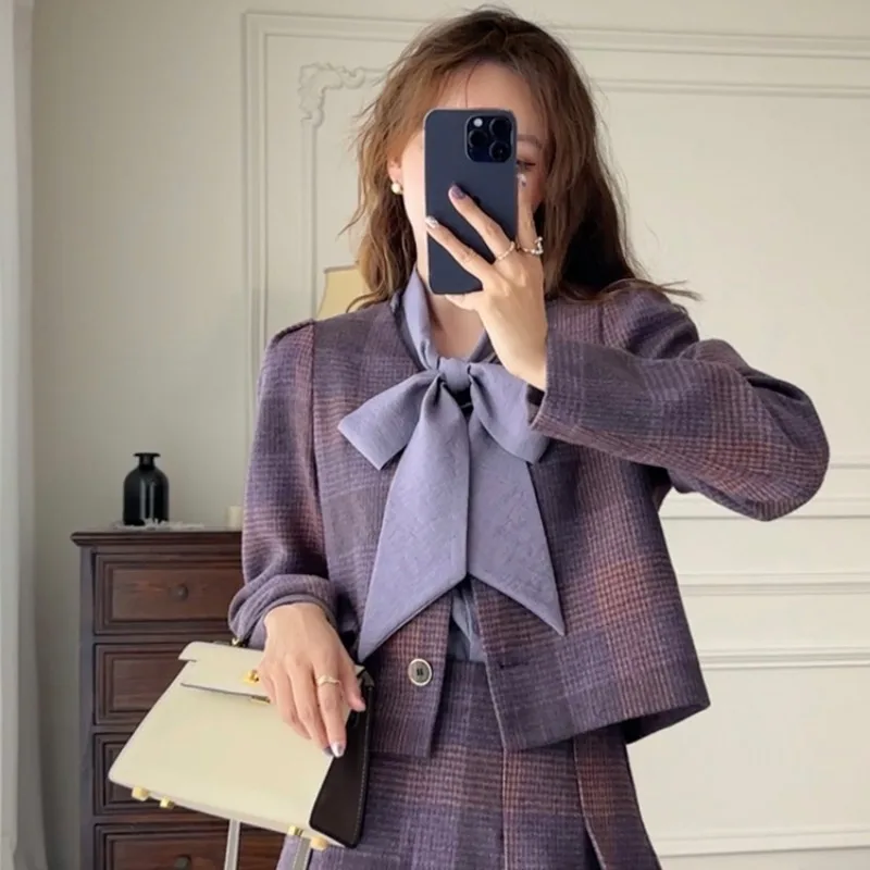 Irabeezt French Style Skirt Set Plaid Loose Casual Coats Tops A-line Young Lady Long Skirts Vintage Two Piece Sets Female Outfit