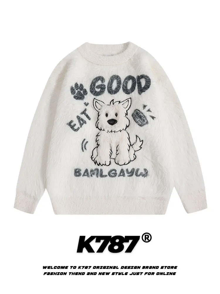 

Мужской вязаный свитер K787 в американском ретро-стиле с вышивкой собаки, повседневный свободный крой, для пар, зимний