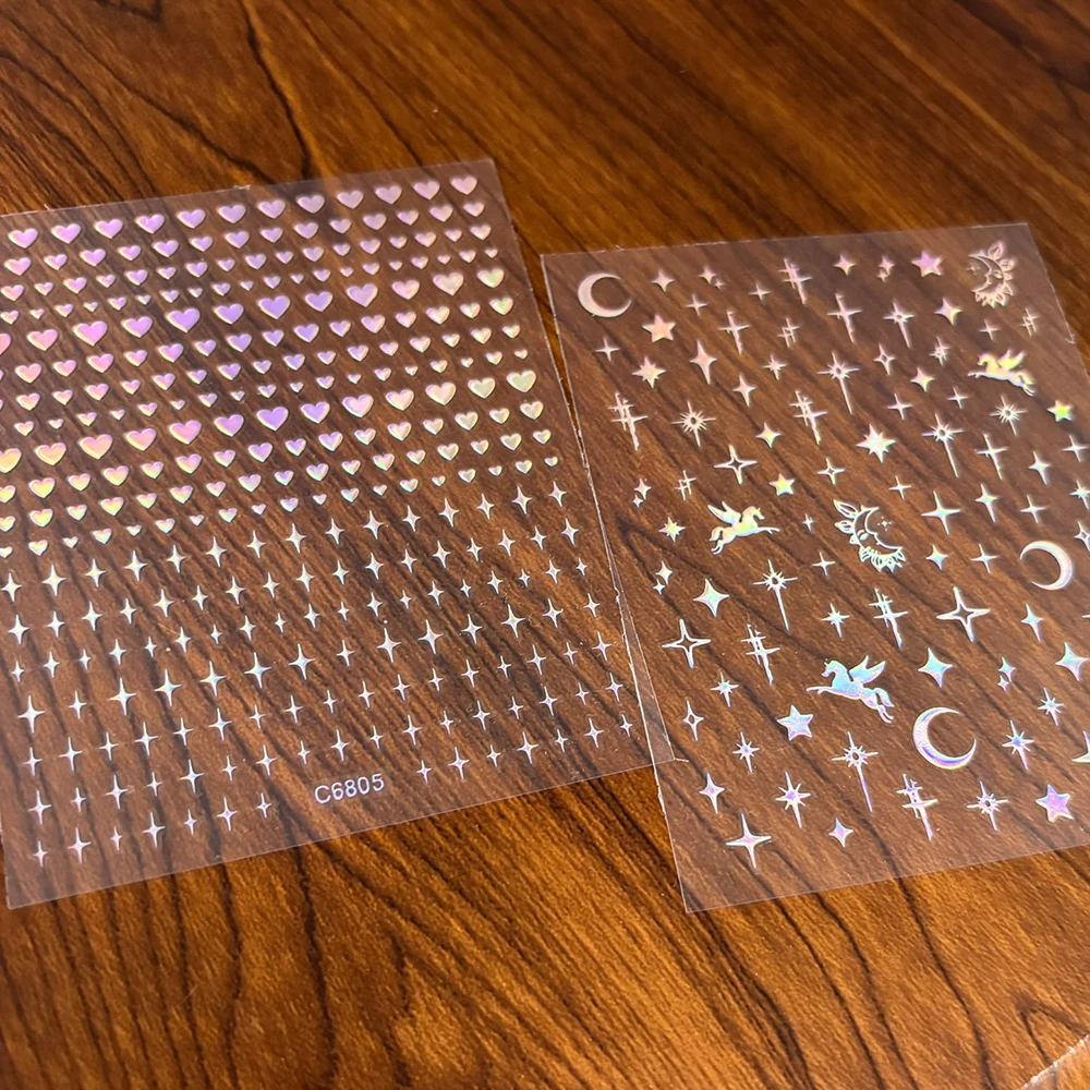 6pcs Laser Silver Pink Heart Nail Art Decals 3D Metallic Silver Effect Love-Heart Nail Stickers For Women Valentine' Nail Decor