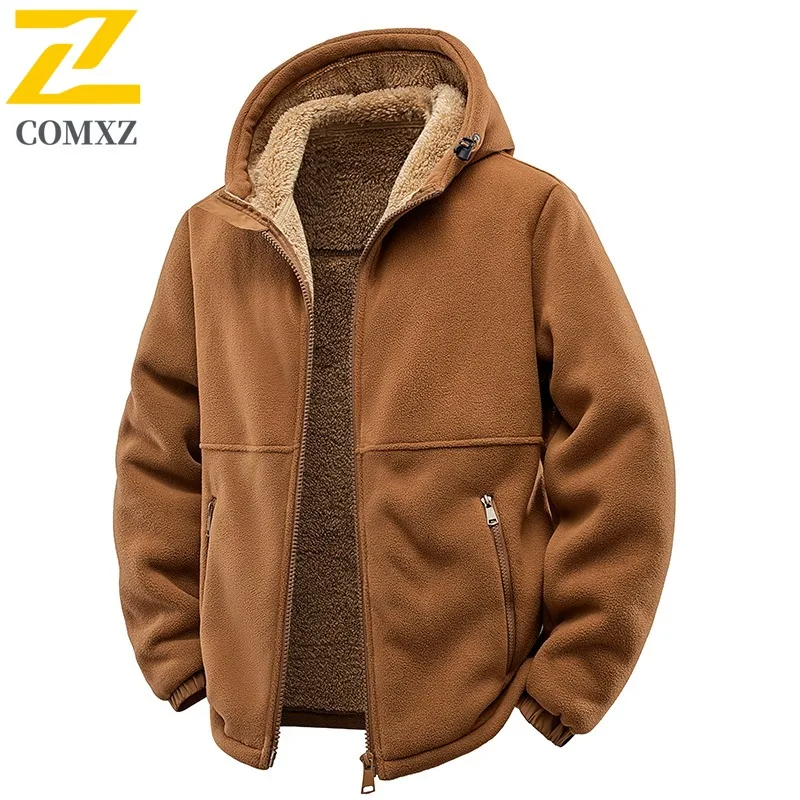 COMXZ 2025 Hooded Fleece Jacket Men Autumn Winter Thick Polar Fleece Casual Hoodie Loose Plus Size Lamb Fleece Coat 9099M New