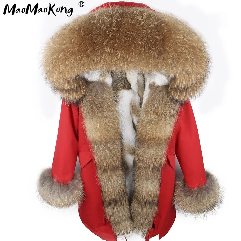 winter natural raccoon fur collar real fur coat red army green natural rabbit fur lined parkas winter coat women