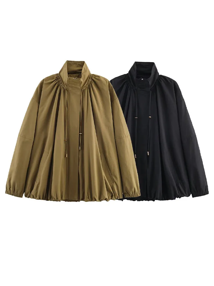 HH Herbst Frauen Lose Jacke Zipper Plissee Taschen Dekoration Mantel Lässig Frau Lange Hülse Dünne High Street Stil Jacke