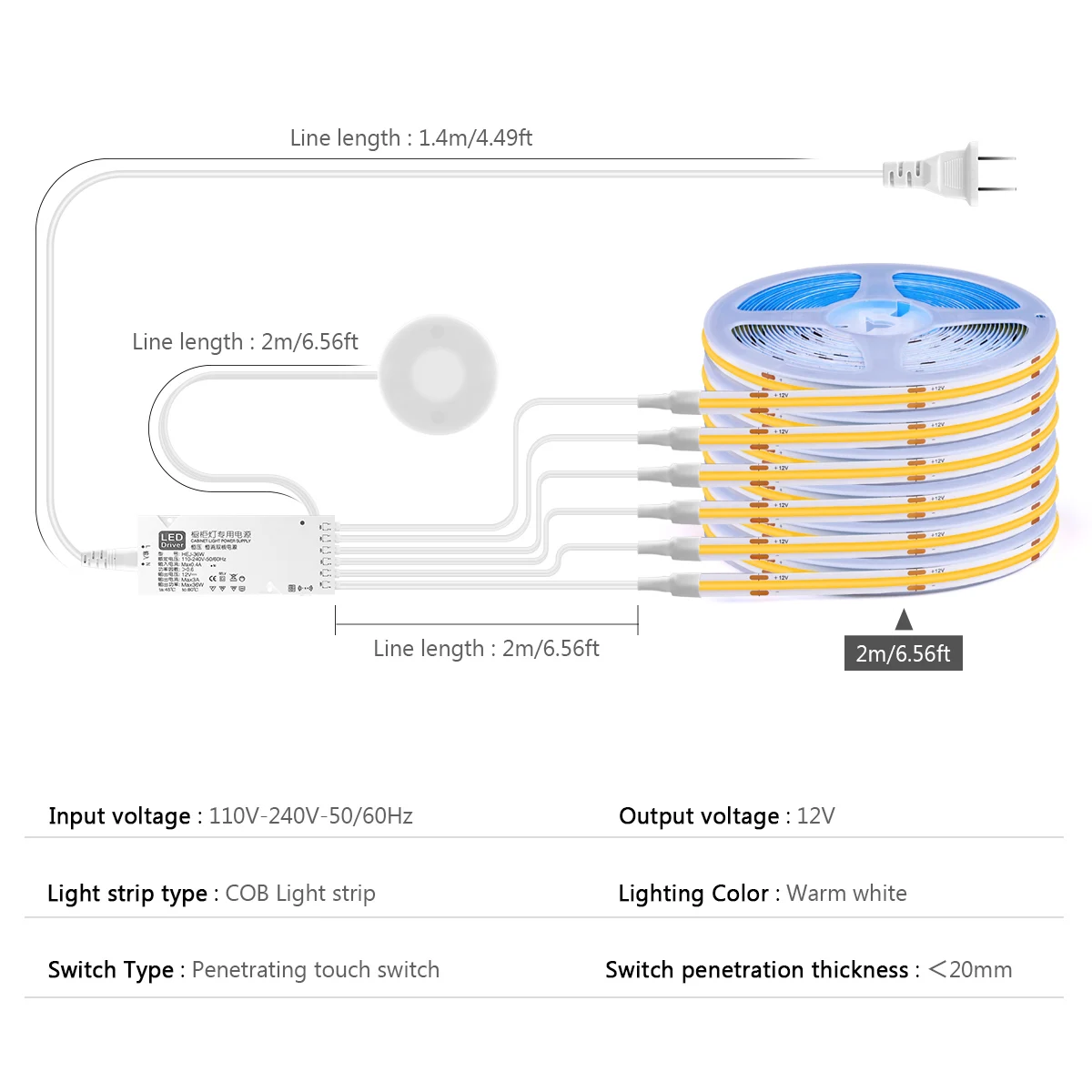 Wine Cabinet COB Led Strip Dimmable Touch Switch Sensor Lights Diode Ribbon LED Tape For Wardrobe Kitchen TV Closet Wall Decor