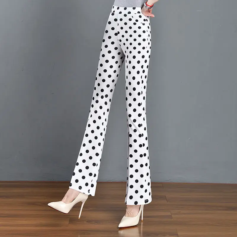 Pantalon d'été doux de style japonais pour femme, taille haute élastique, poches blanches à pois, mode bureau dame mince évasée fjare