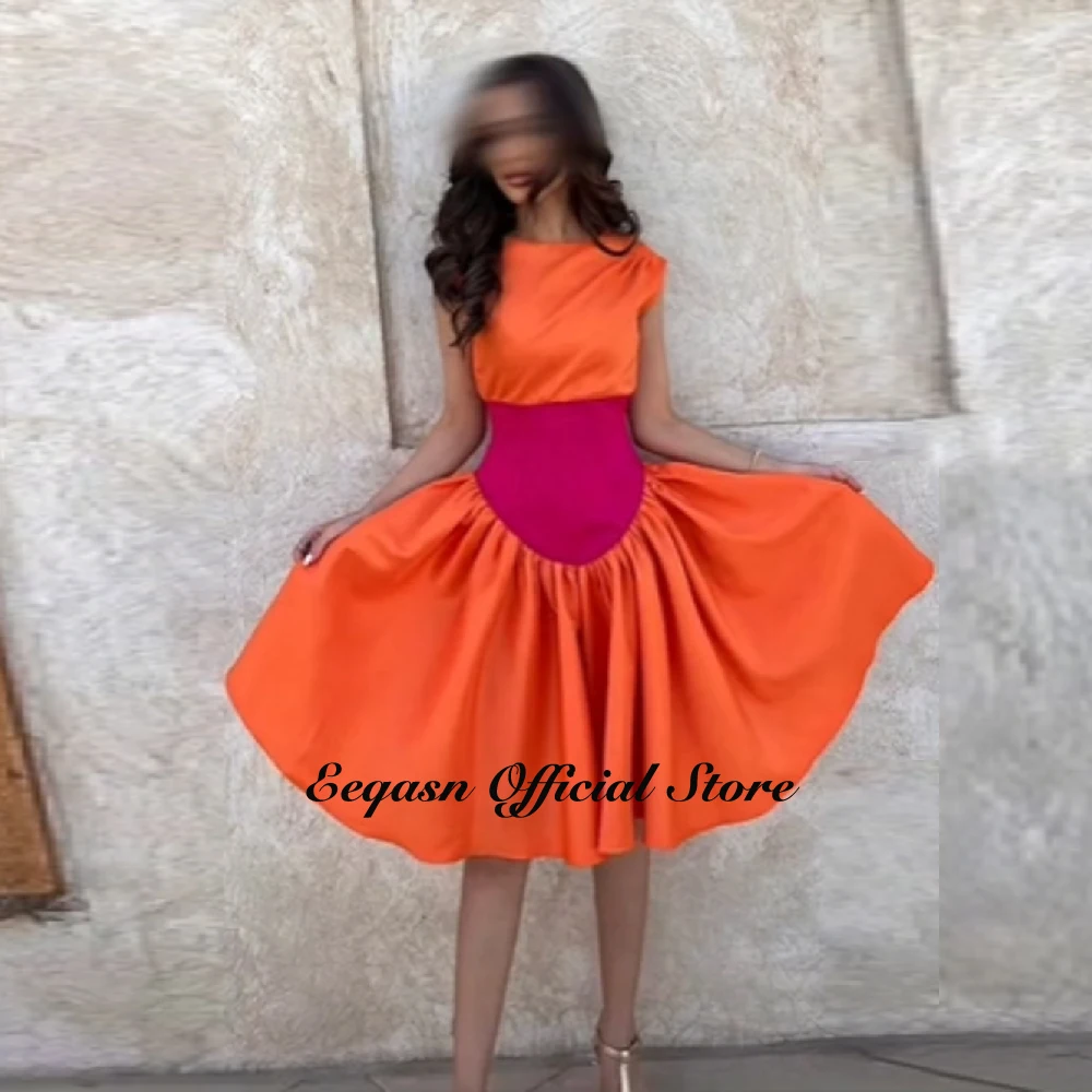 Simple Short Evening Prom Dresses Orange and Fuchsia Satin O Neck Vintage A Line Party Celebrity Prom Gowns Dubai Arabic