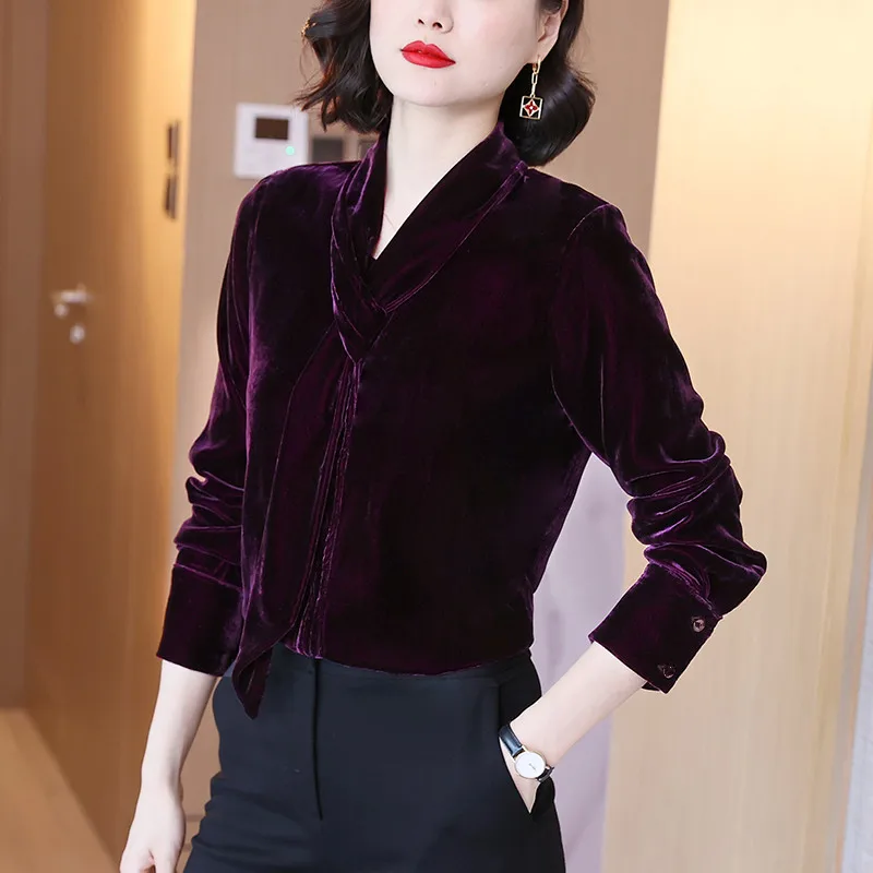 OL office Women Tops and Blouse Autunm Vintage Long Sleeve velour Tops Blusas Mujer De Moda Spring Elegant Autumn velvet blouses