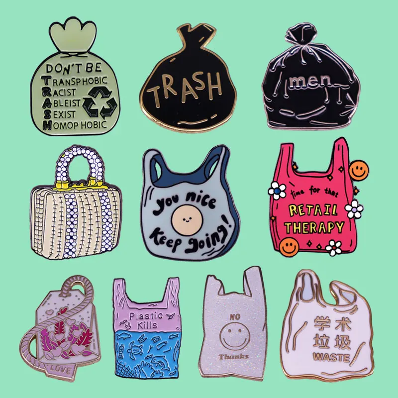 Creative Garbage Bag Brooch Personality Funny Metal Badge Fashion Clothes Backpack Decoration Lapel Pin Accessory Beautiful Gift