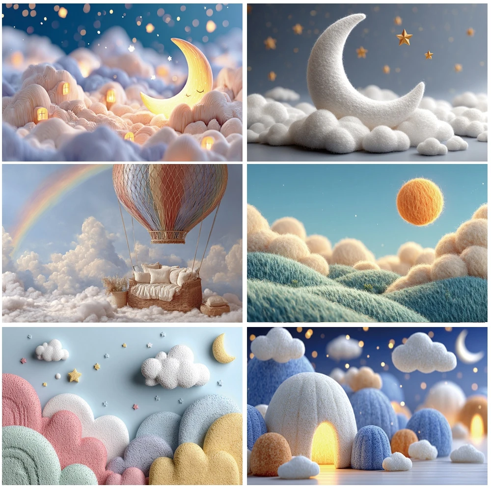 

MOON.QG Birthday Plush Bear Backdrop Hot Air Balloon Cloud Photo Background Photography Accessories Party Decoration Studio