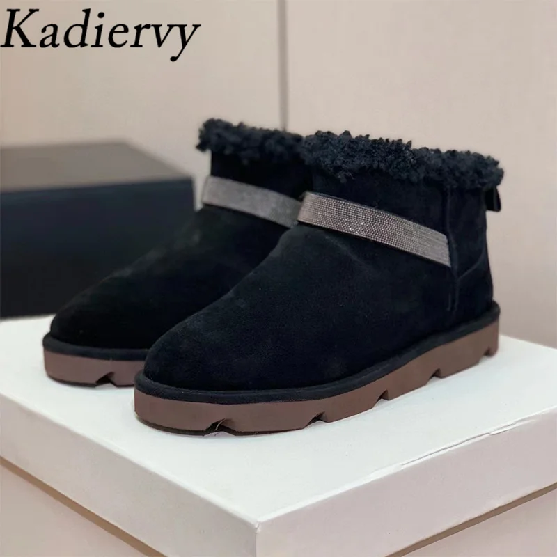 Cow Suede Flat Short Boots Woman Round Toe Slip-on String Bead Ankle Boots Winter Shoes Woman Wool Warm Snow Boots For Women