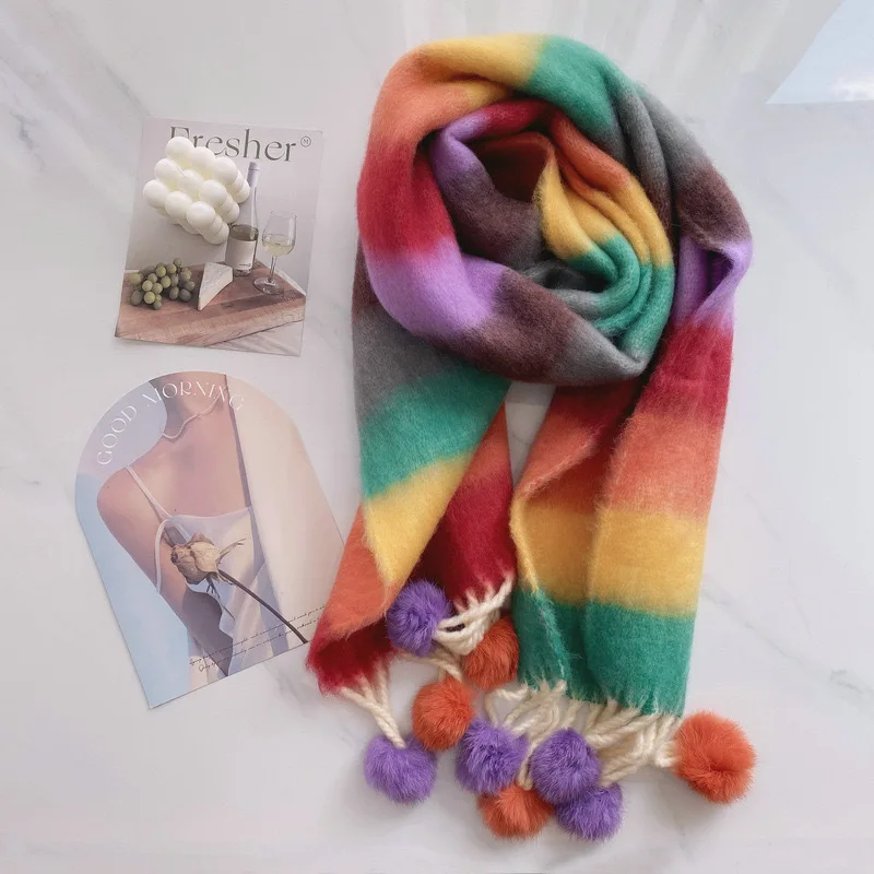 Rainbow dopamine mohair fringe scarf contrasting stripes candy fringe style