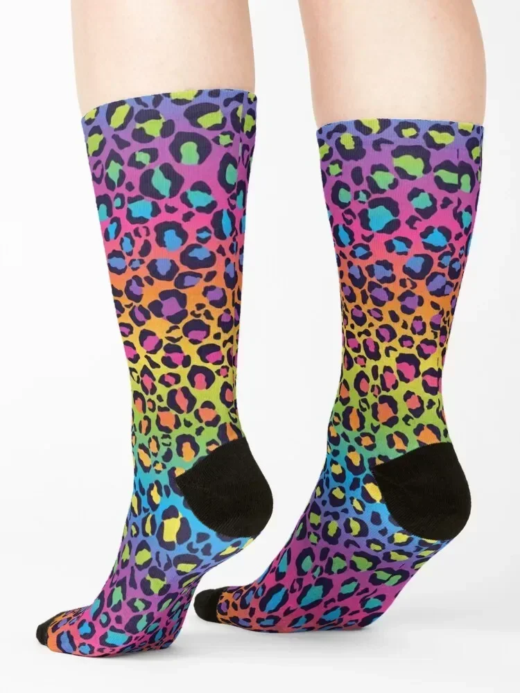 Bright Rainbow Ombre Gradient Leopard Print Pattern Socks funny gift happy man Socks Female Men's