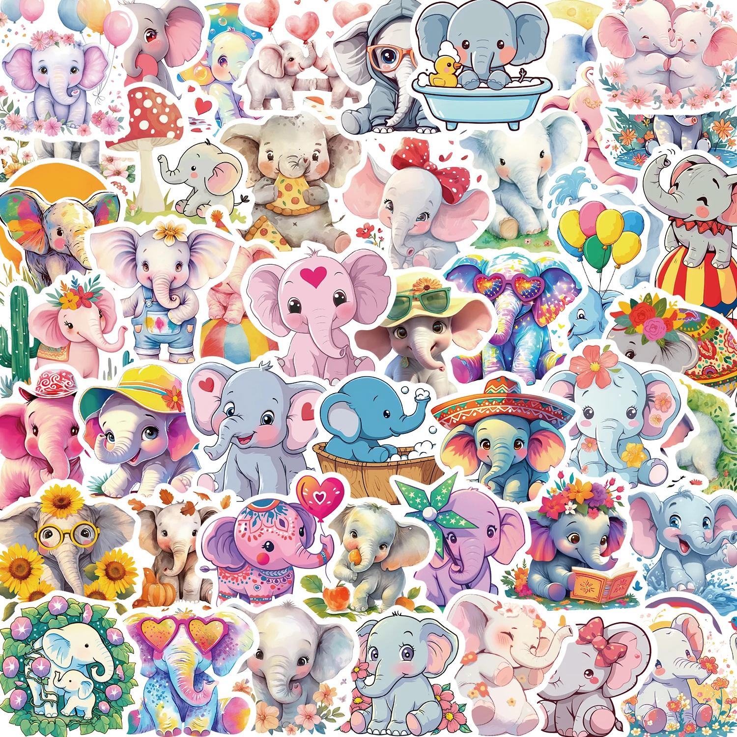 Pegatinas de elefante para decoración de maleta, pegatinas de dibujos animados de colores para álbum de recortes, portátil, teléfono, papelería, arte de pared para niños, 50 piezas