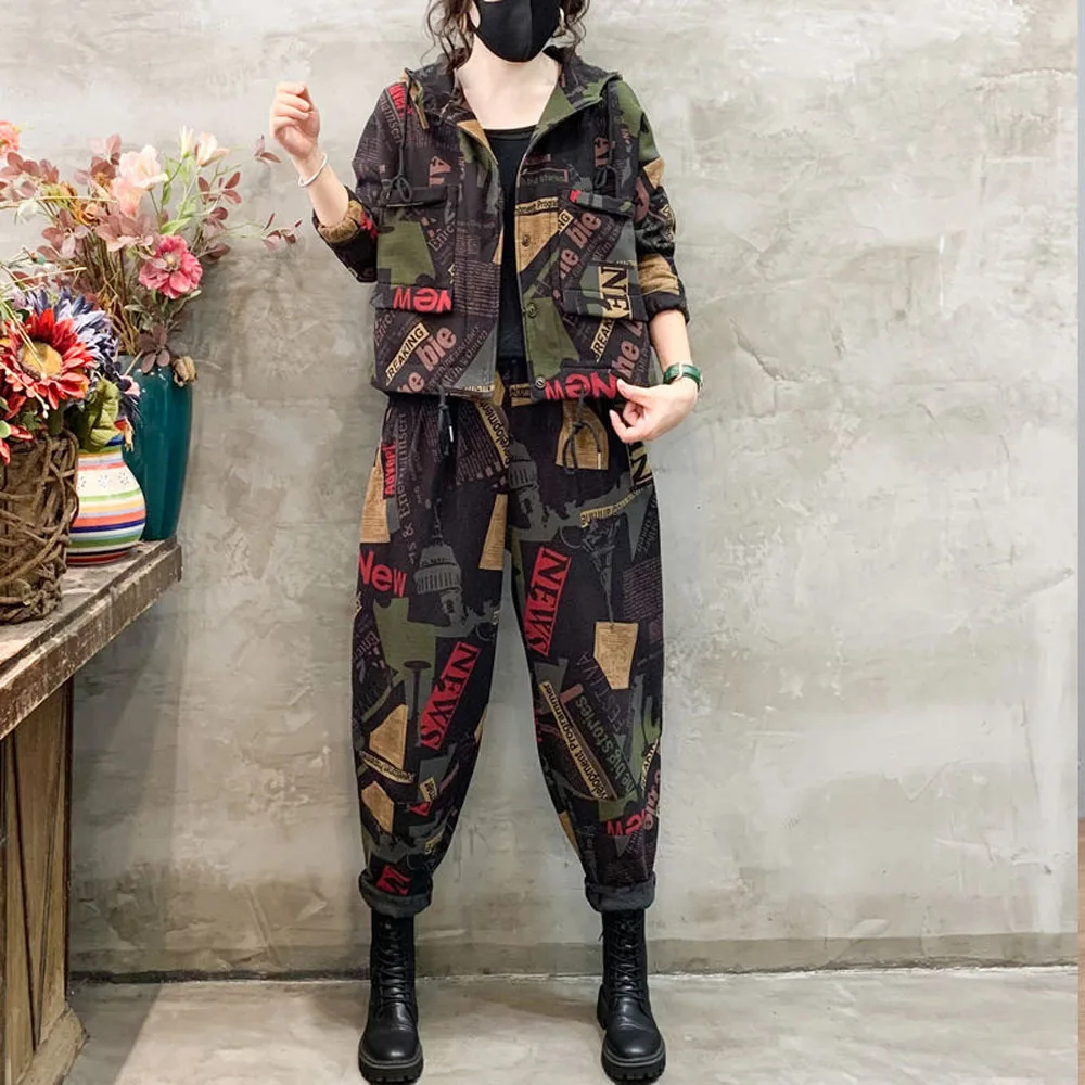 Spring Autumn Women Harlan Pants Two Piece Set Loose Casual Hooded Coat female Korean Age Reducing Foreign Style Cotton Hemp Set