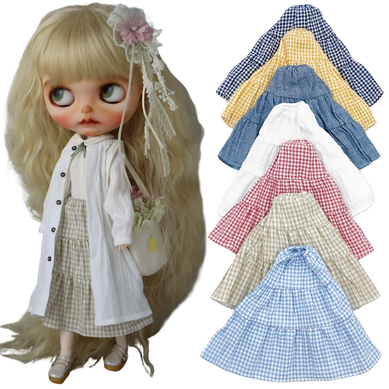 Doll Dress for Blythe Blue Pink Yellow Jeans Plaid Skirt for Ob24 Ob22 Azone Doll Garment Dress Pastoral Style Clothes