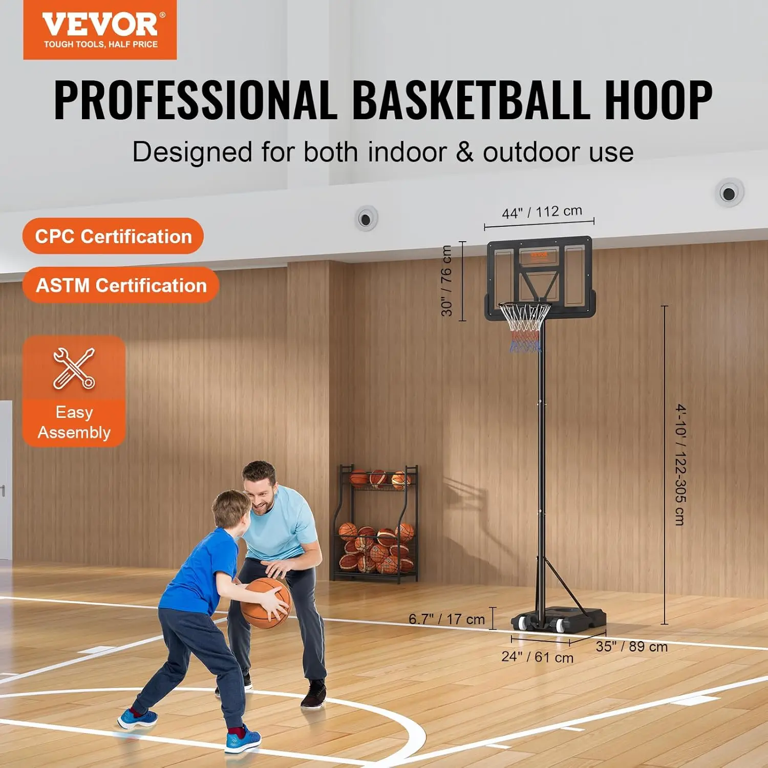 Basketball Hoop, 4-10 ft Adjustable Height Portable Backboard System,44 inch Basketball Hoop & Goal,Kids & Adults Basketball Set