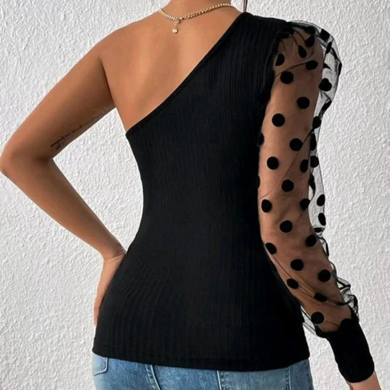 Perspective Dot Mesh Sleeves Off One Shoulder Rib Knitted T Shirt Women Bottoming Shirt Ladies Tee Shirt Tops Camisetas Mujer