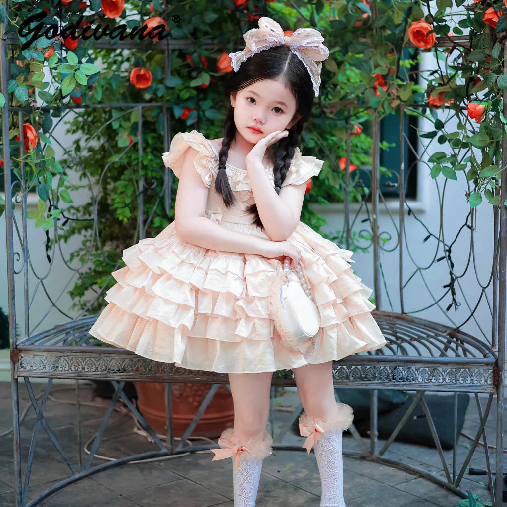 Sweet Baby Girls High End Champagne-colored Princess Dress 2026 New Summer Toddlers Ruffle Trim High Waist Birthday Cake Gown - view 4