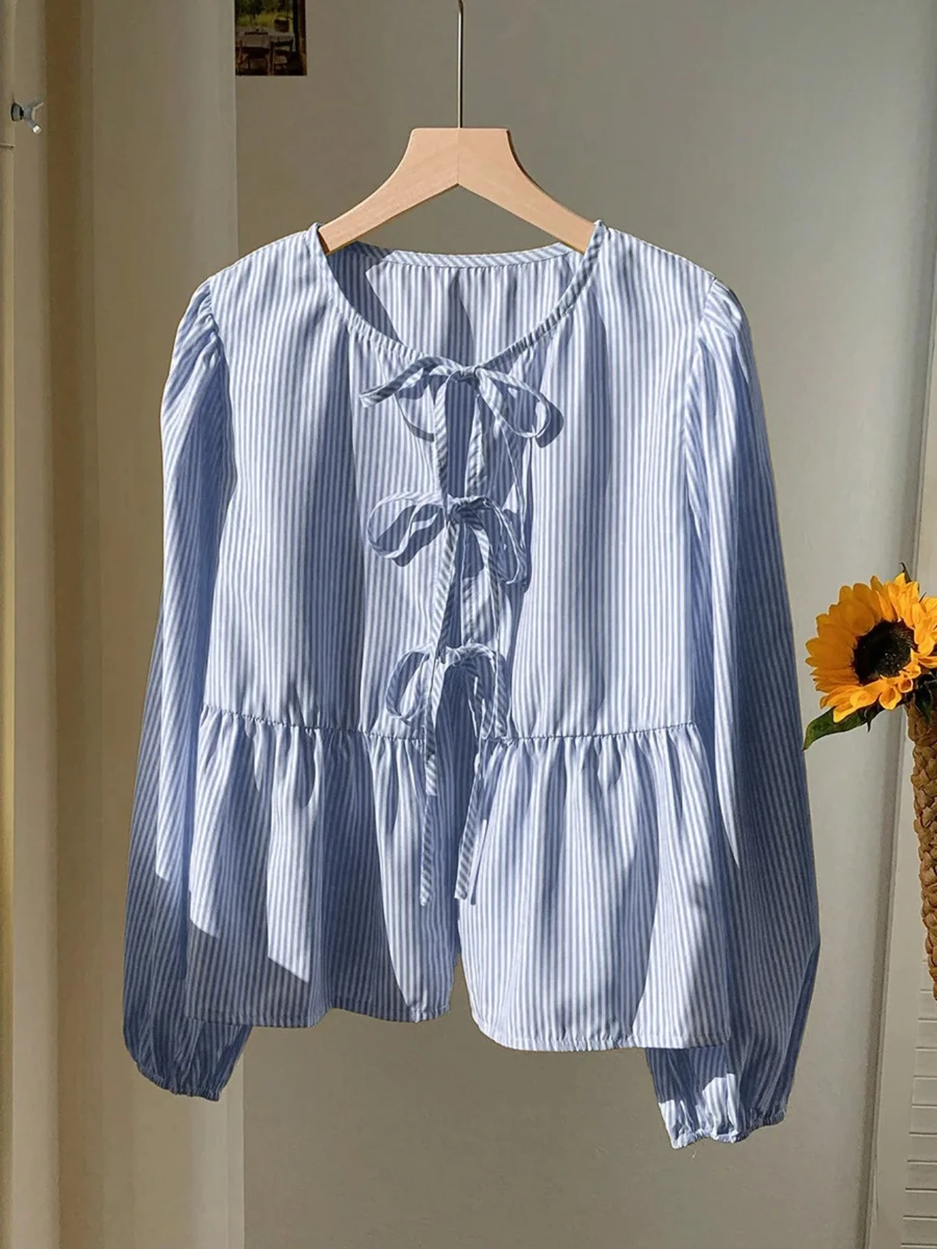 

Long Sleeve Striped Shirt Women's Versatile Knot Design Polyester Fiber Basic Style