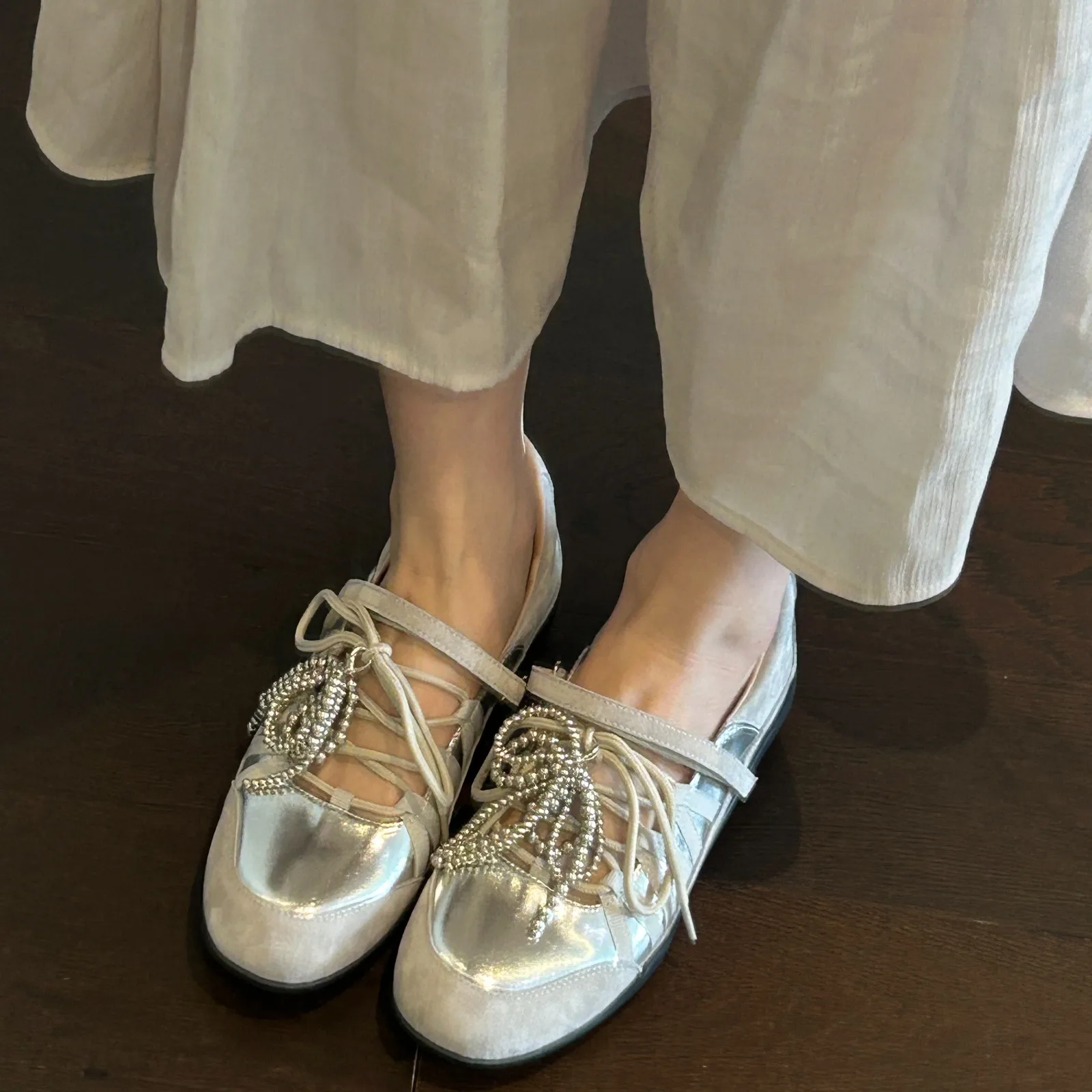 Women Round Toe Lace Up Beaded Bow Mary Jane Flat Shoes Satin Sole Slip On Elegant Daily Party Walking Ballet Shoes For Ladies