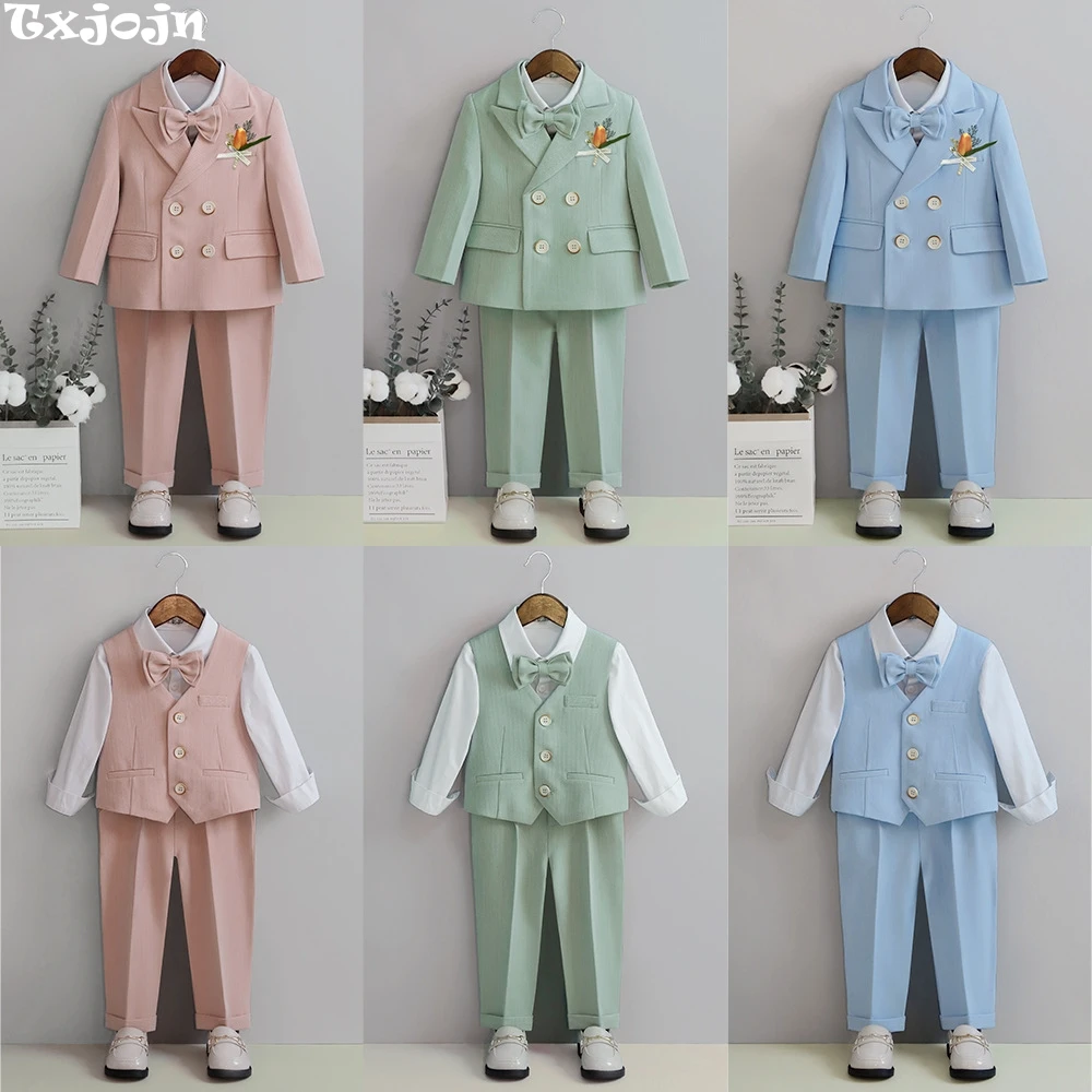 

Colorful Child Suit Set 4 Pieces Blazer Pants Brooch Bow Tie Piano Contest Hot Sale Casual Boys Suits Wedding Ring Bearer Outfit