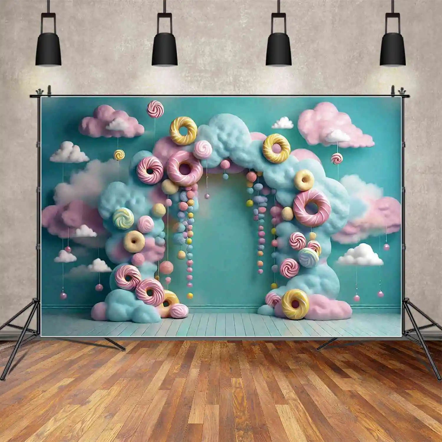 MOON.QG Candyland Donut Fairy Birthday Backgrounds Baby Shower Doughnut Blue Sky Clouds Backdrops Custom Party Photocall Props