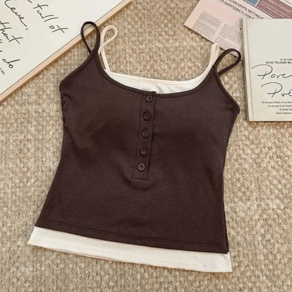Tank Top Color Blocking Crop Top Square Neck Sleeveless Women's Camisole Button Underwear Slim Fit Fake Two-pieces Camisole Yoga