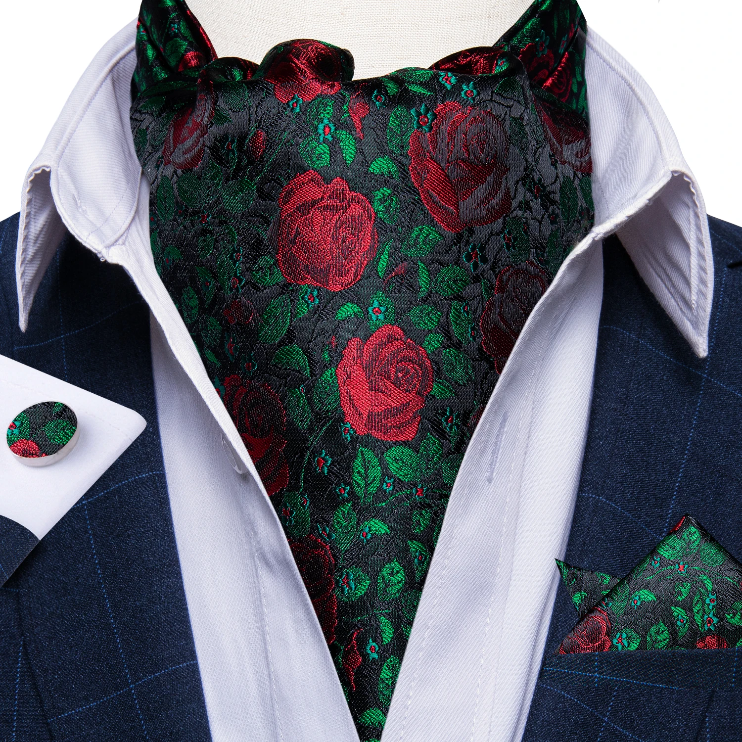 Green Silk Men's Ascot Red Rose Pattern Luxury Pocket Square Cufflinks Fashion Business Wedding British Cravat Party Tie for Man