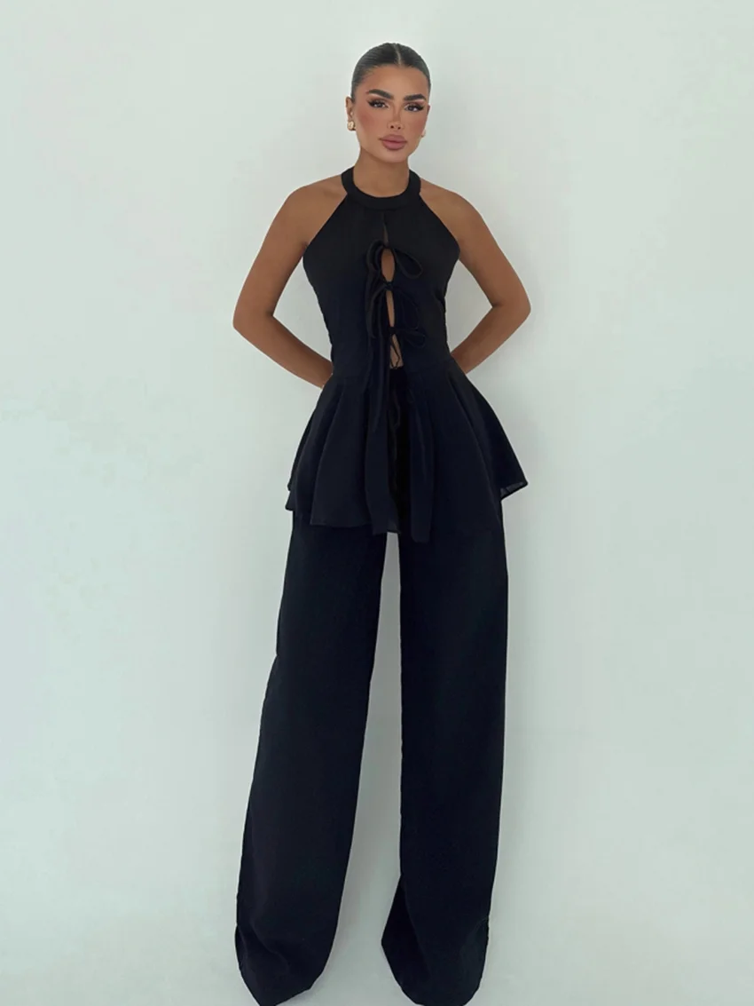 Marthaqiqi Fashion Female Sleepwear Set O-Neck Pajamas Backless Nightie Tank Top Nightwear Lace Up Nightgowns Pants Pyjamas Suit