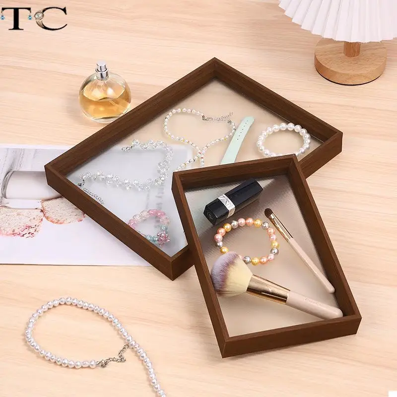 

Поднос из прозрачного стекла из орехового дерева, лоток для демонстрации ювелирных изделий, кольцо, серьги, жемчужное ожерелье, кулон, лоток для хранения часов