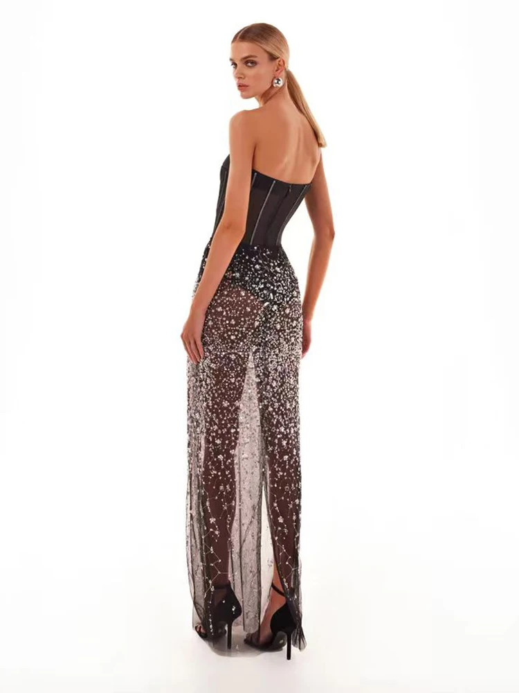 Sexy Long Skirt Two Piece Set Women Black Strapless Sequins Bodysuit + Shiny Beaded Mesh See Through Slim Skirts Suits Evening