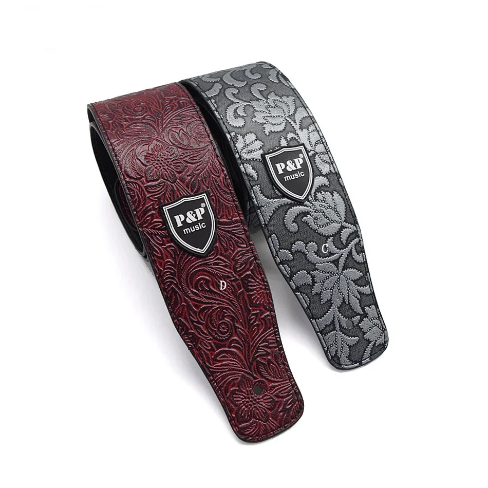 

P & P кожаный гитарный ремень из искусственной кожи, регулируемый мягкий ремень с вышивкой для электроакустической гитары, бас-гитары