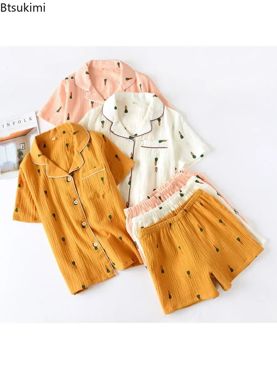 

New 2024 Women's Summer Pajamas Set Soft Turn-down Collar Sleepwear Set Female Ladies Thin Loose Cartoon Carrot Printed Homewear