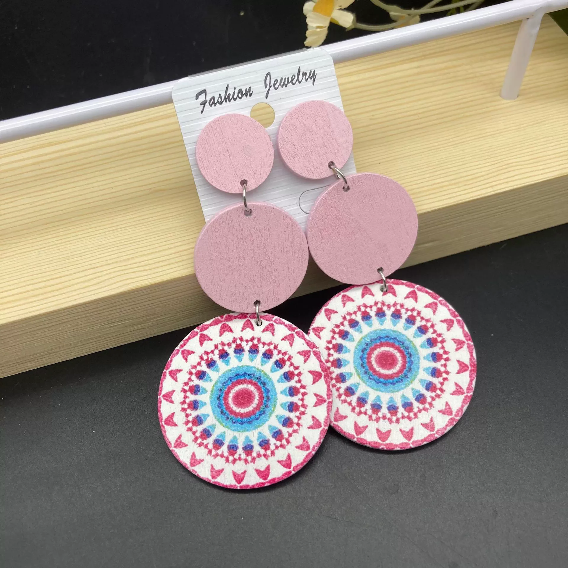 New Ethnic Retro Circular Splicing Printed Wooden Earrings Long Bohemian Style Colorful Earrings Decorative Gifts Wholesale