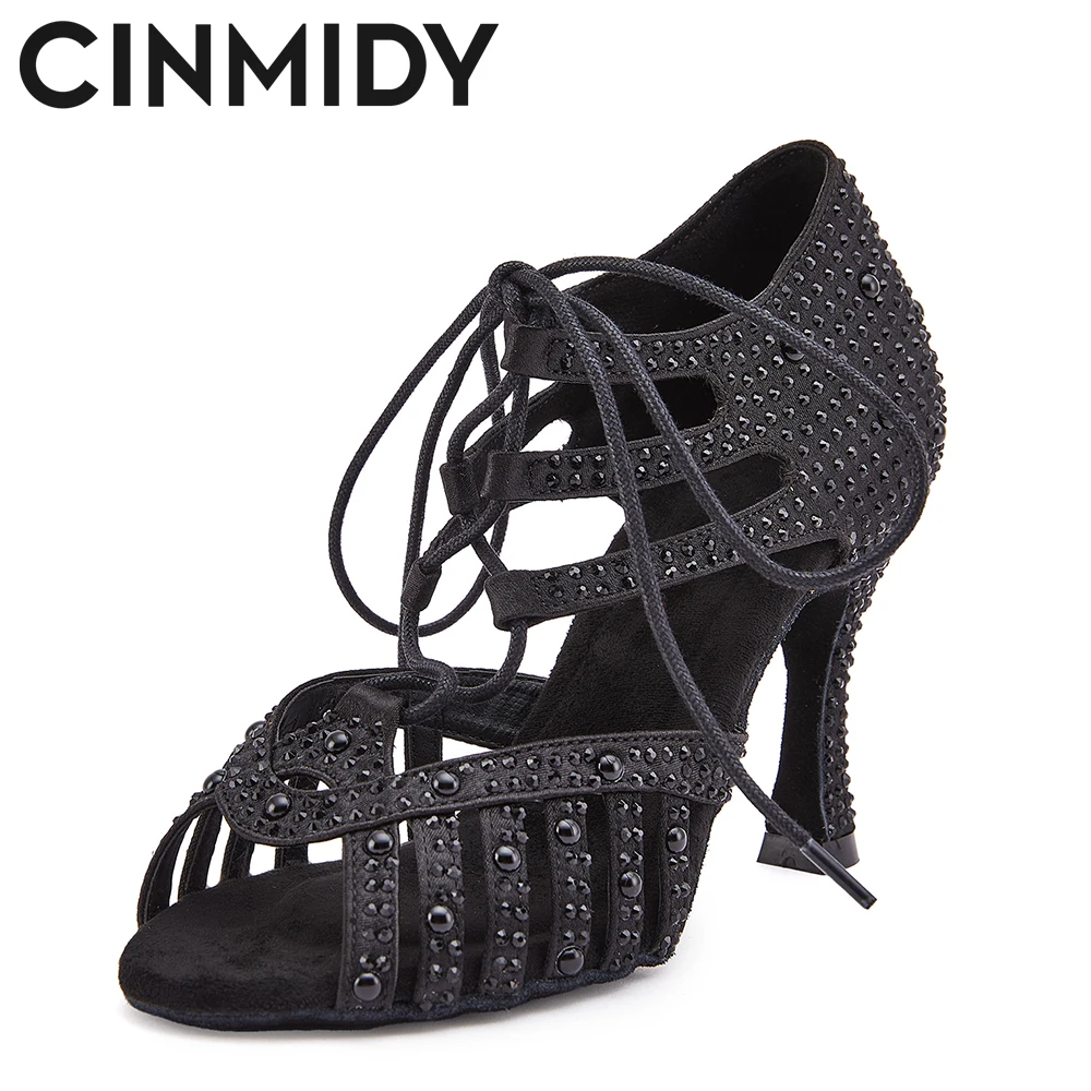 

CINMIDY New Lace Up Latin Dance Shoes Women Black Moderne Tango Salsa Ballroom Dance High Heels Ladies' Pearls Party Sneakers