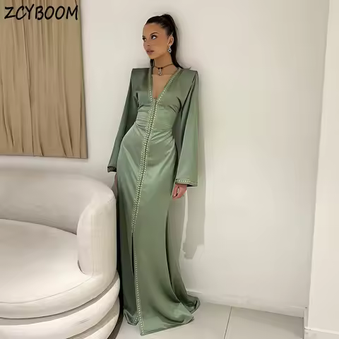 Elegant V-Neck Kaftan Dress Dubai Turkey Golden Appliques Long Sleeves Evening Dress 2026 A-Line Floor Length Zipper Prom Dress