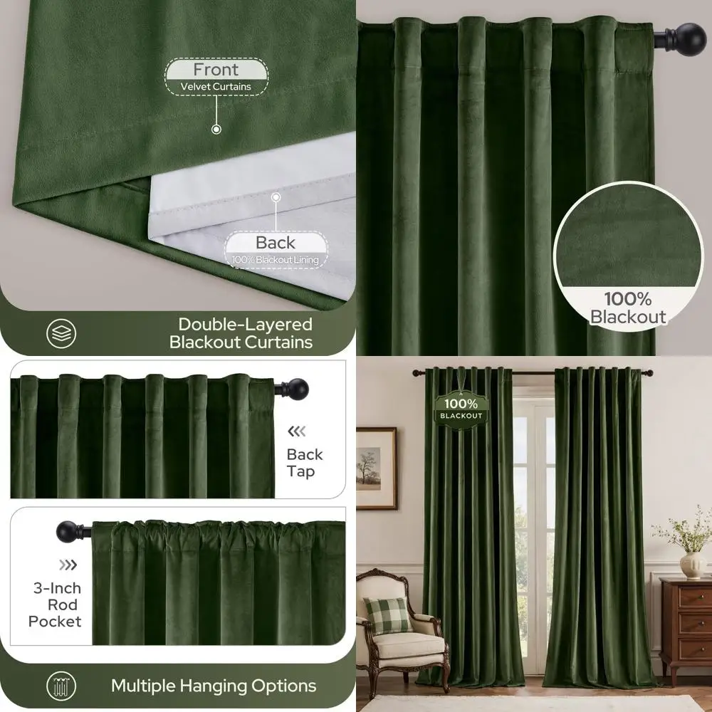 

Термоизолирующие светонепроницаемые шторы из оливково-зеленого бархата, 52x84 дюйма, комплект из 2 панелей для роскошного зимнего домашнего декора