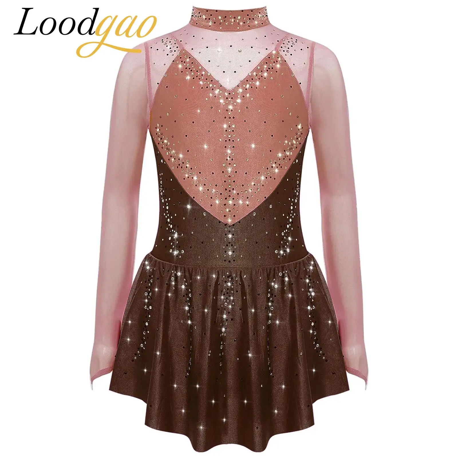

Girls Long Sleeve Sheer Mesh Rhinestones Figure Skating Dress Ballet Lyrical Dance Leotard Dancewear Kids Performance Dress