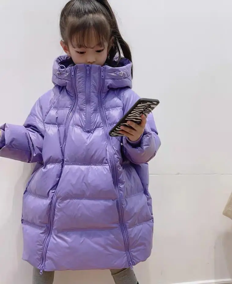 Korea Style Loose Down Jacket Children Double Zipper Long White Duck Down Outfit Baby Girl And Boys Parka Down Jacket 4-12Y w496