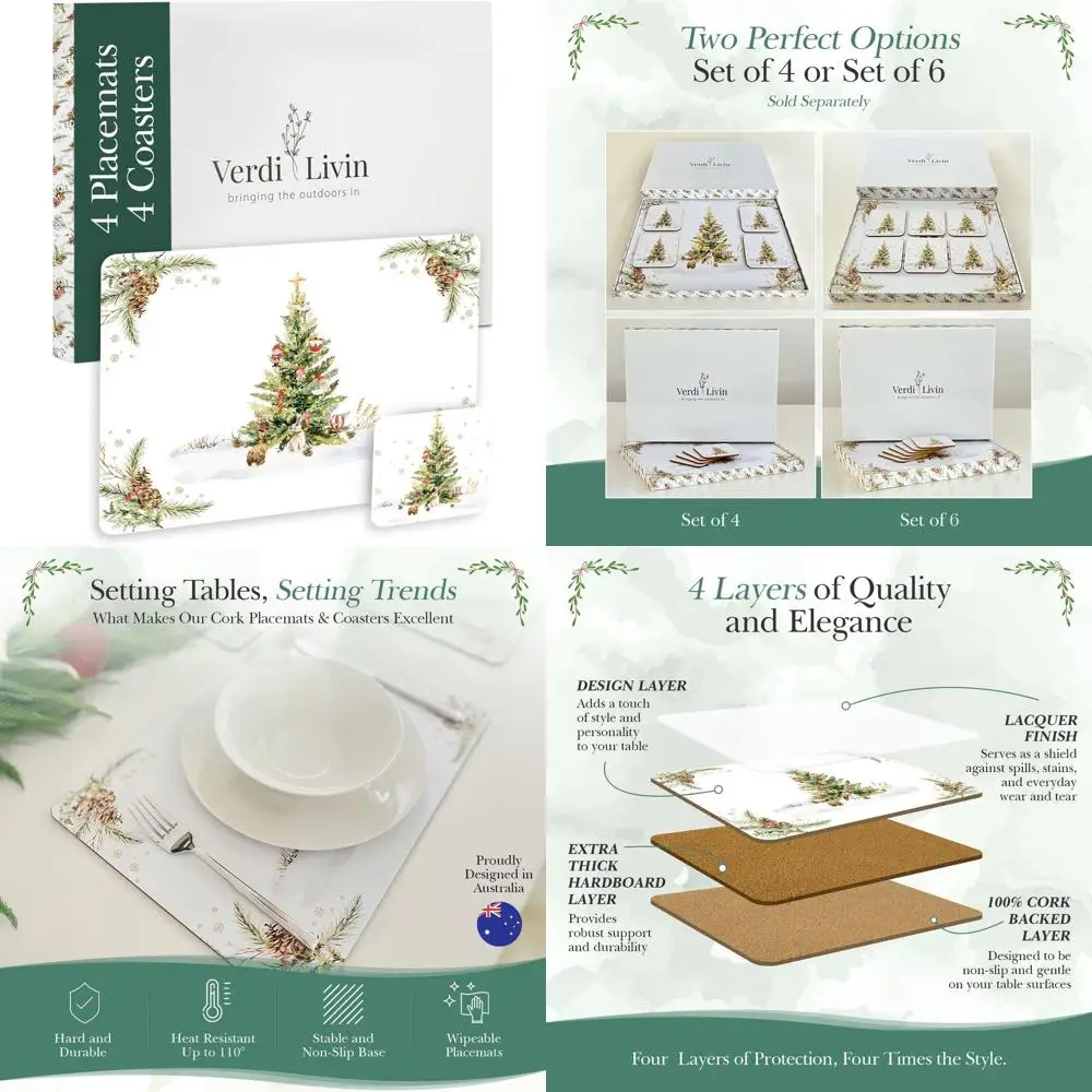 

Набор из 4 прямоугольных термостойких салфеток с подходящими подставками, 16,15 x 12,2 дюйма, нескользящие, идеально подходят для рождественской столовой