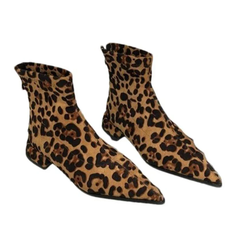 Leopard Women Pointed Toe Ankle Chelsea Boots Chunky Suede Fashion Mid Heels Shoes 2024 Winter Designer Pumps Cozy Femme Boots