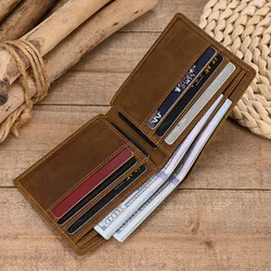 Men Genuine Leather Pocket Wallet Card Holder Sling Cow Leather Purse For Men Brown Retro Crazy Horse Leather Casual Short Purse