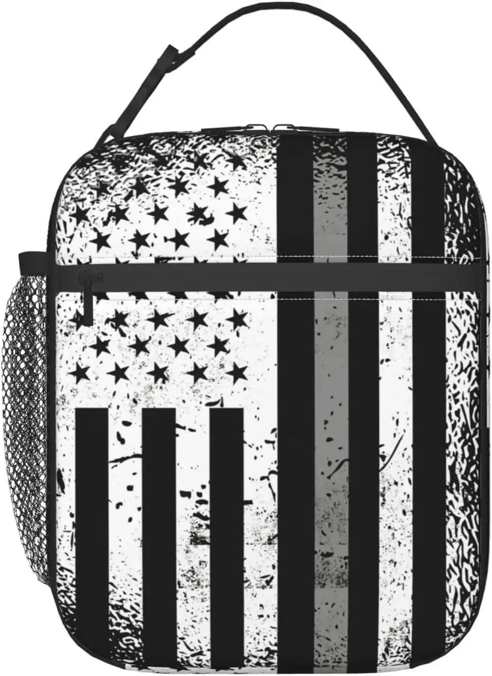 Thin Silver Line American Flag Reusable Insulated Lunch Box Thermal Cooler Lunch Bag Portable Tote Bag Large Capacity Handbag