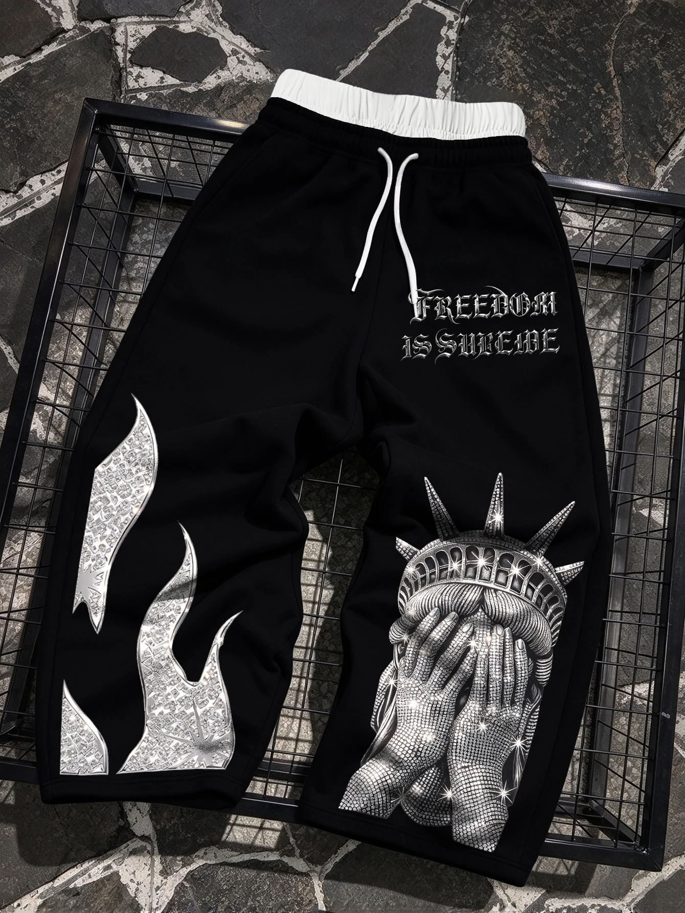 Unisex Baggy Street Trousers Gothic Statue Liberty Flame Bling Graphic Print Wide Leg Casual Sweatpants For Street Style
