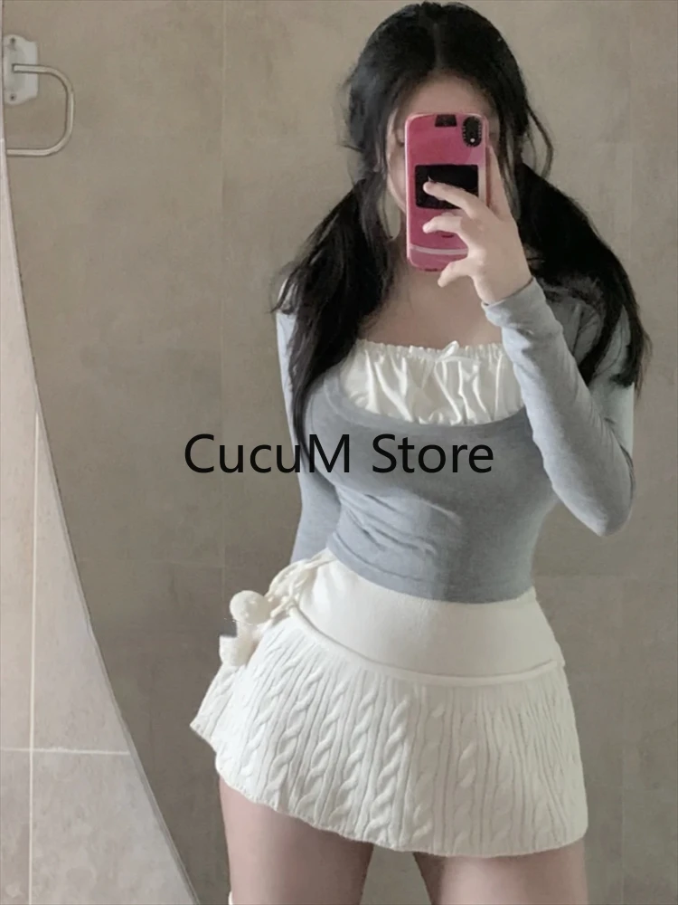 Knitted 2 Piece Dress Set Casual Short Sweater Tops Solid Party Mini Skirt Slim Bodycon Clothing Korean Fashion Suit 2023 Autumn