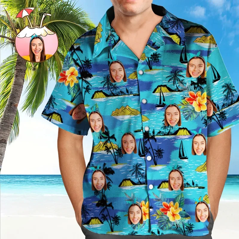 

Customized Face Hawaiian Shirt Personalized Photo Aloha Shirt Tropical Island Palm Tree Print Short Sleeve Funny Hawaii Shirts